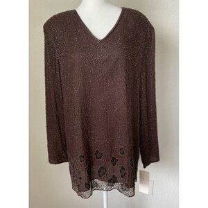 Felicity Brown 100% Silk & Sequins Blouse X-Large Long Sleeves NWT